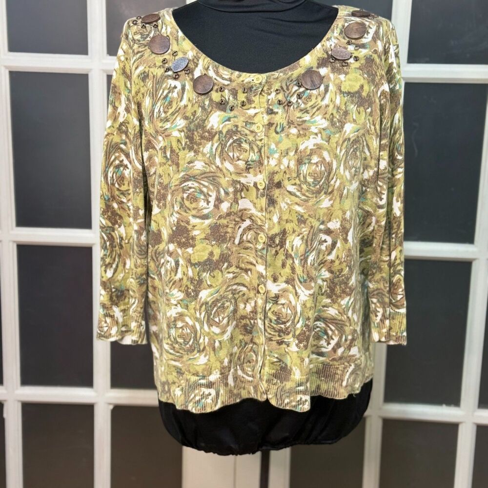 Christopher & Banks XL Floral Cardigan Sweater Knit Wood Embellished Mint EUC